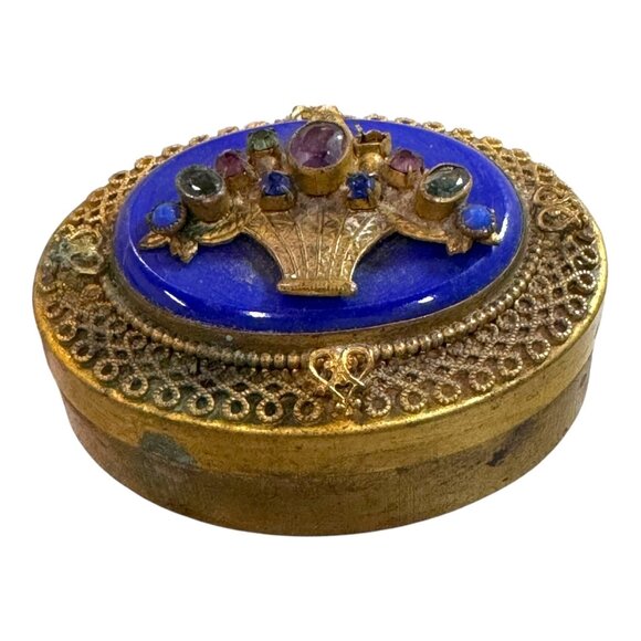 Antique Brass & Enamel Jewelry Trinket Box Amethyst Lapis Lazuli Gemstone READ - Picture 1 of 8